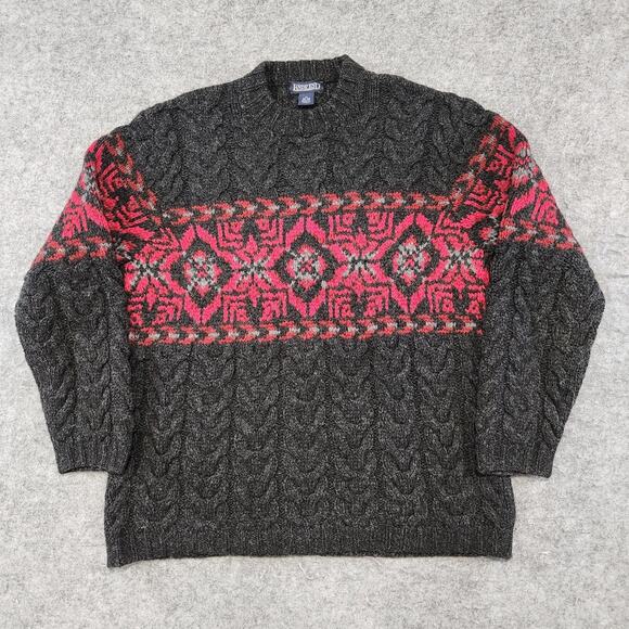 Lands End Mens M Medium 100% Wool Cableknit Fair Isle Nordic Crewneck Sweater - Picture 3 of 13
